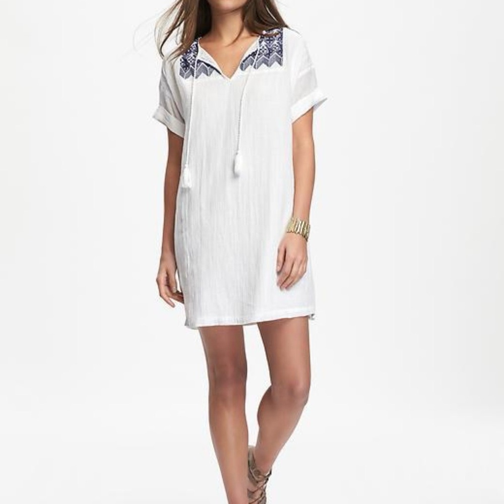 Old Navy White Midi Tunic Dress with Navy Embroidered Yoke
